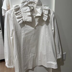 Tuckernuck White Stretch Ruffle Neck Poplin Blouse